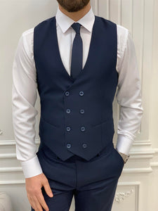 Shagori Navy Blue Slim Fit Peak Lapel Suit