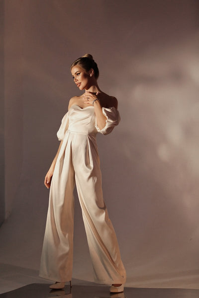 Viclans Off-The-Shoulder Satin Cream Jumpsuit with Puffy Sleeves