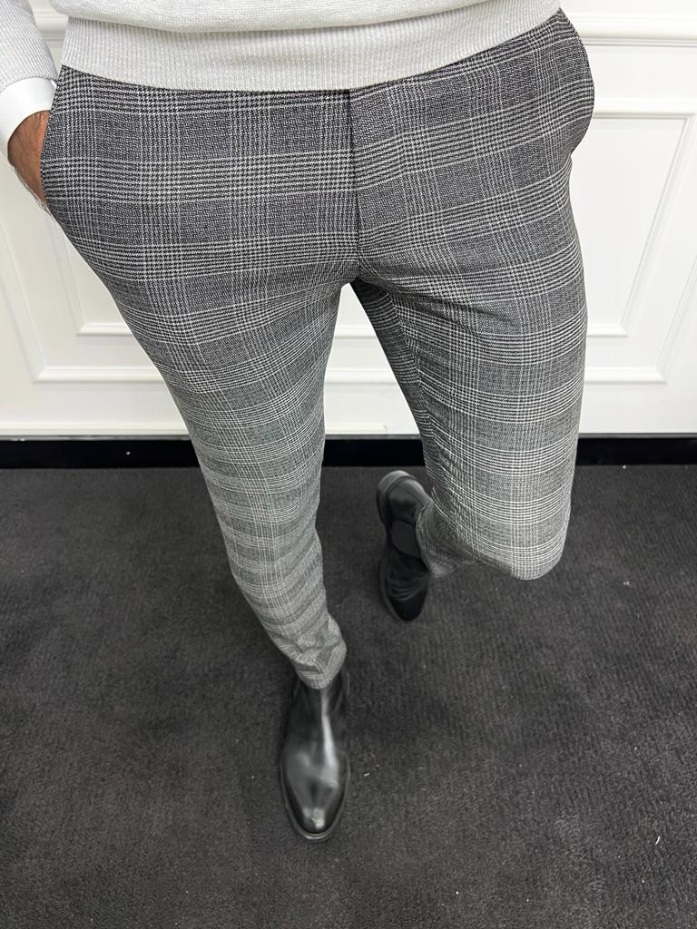 Leon Slim Fit Plaid Striped Grey Pants | BOJONI Leon Slim Fit Plaid Striped Grey Pants | BOJONI