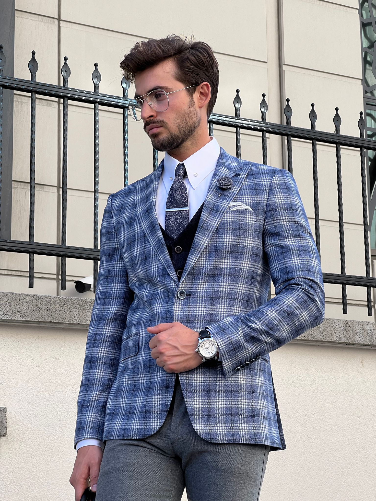 Bojoni Astoria Slim Fit High Quality Mono Collar Knitted Light Navy Blazer