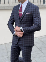 Load image into Gallery viewer, Louis Slim Fit Black &amp; Navy Business Plaid Suit
