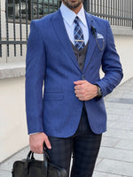 Load image into Gallery viewer, Bojoni Astoria Slim Fit High Quality Mono Collar Knitted Sax Blazer
