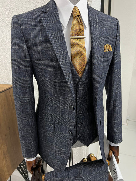 Louis Slim Fit High Quality Navy Plaid Suit | BOJONI