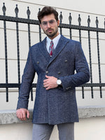 Load image into Gallery viewer, Bojoni Astoria Double Breasted Woolen Marbled Navy Coat
