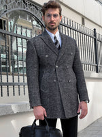 Load image into Gallery viewer, Bojoni Astoria Fit Double Breasted Woolen Marbled Black Coat
