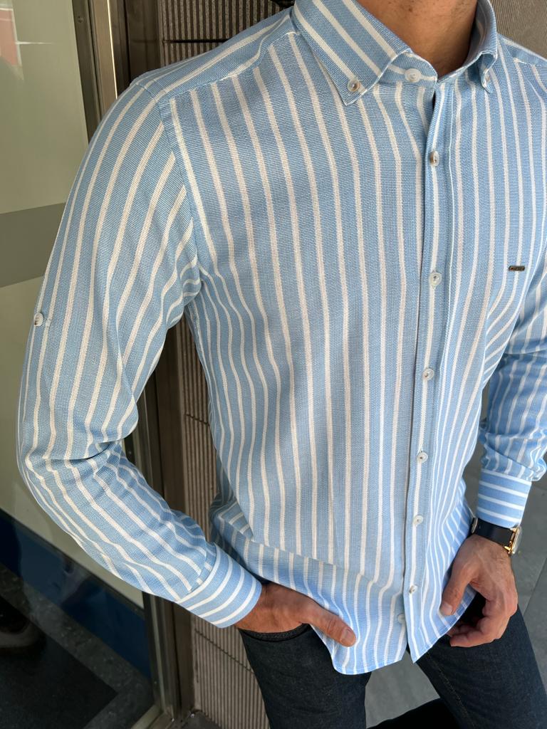 Giovanni Mannelli Slim fit Blue Striped Long Sleeve Shirt | BOJONI