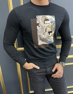 Load image into Gallery viewer, Rick Slim Fit Printed Crew Neck Black Sweater
