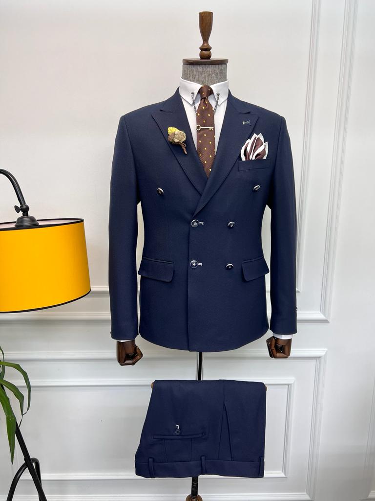 Rick Slim Fit Special Design Double Breasted Blue Detailed Suit