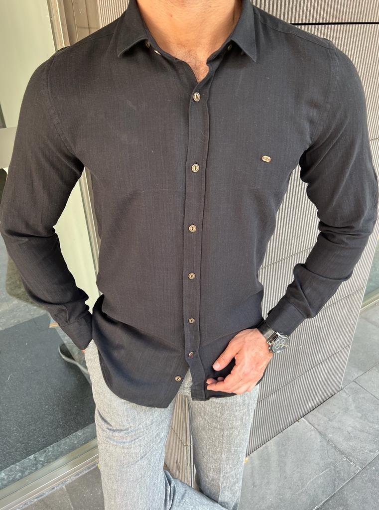 Giovanni Mannelli Slim Fit Italian Fit Black Cotton Shirt