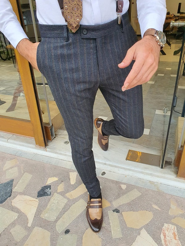 Verno Dark Blue Slim Fit Striped Pants | BOJONI