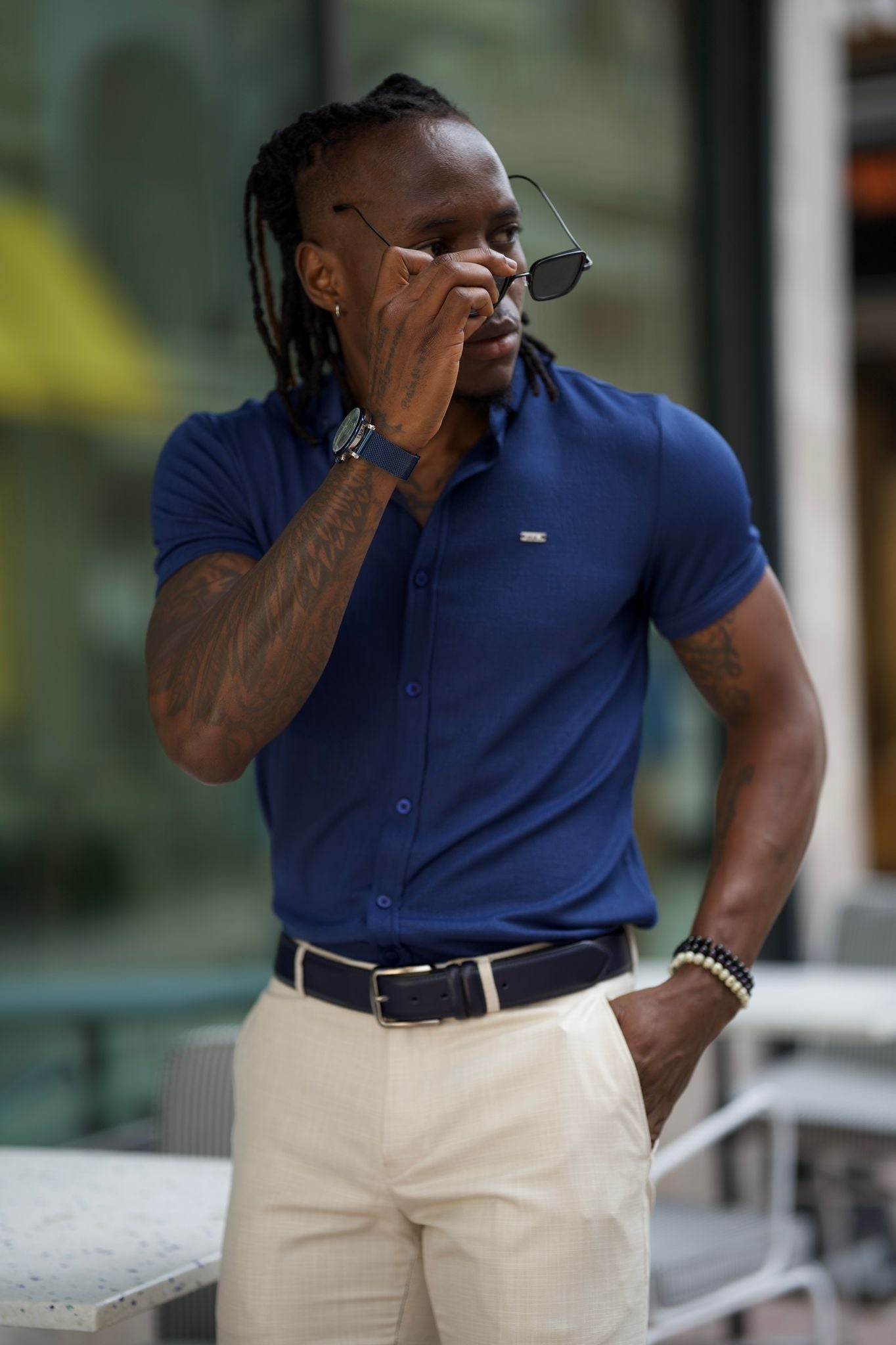 dress pants with short sleeve shirt Successo Mens Linen Shirt Pants Set Short Sleeve Royal Blue 1065