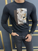 Load image into Gallery viewer, Rick Slim Fit Printed Crew Neck Black Sweater
