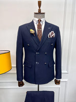 Load image into Gallery viewer, Rick Slim Fit Special Design Double Breasted Blue Detailed Suit

