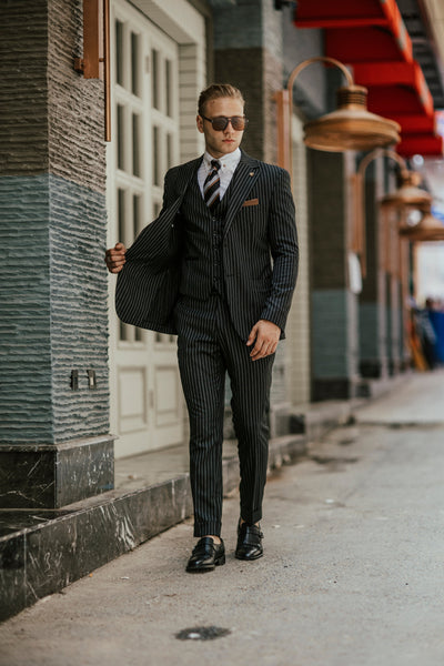 3-Piece Black Pinstripe Suit for Men