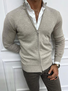 Leon Slim Fit Thin Zippered Beige Cardigan Sweater