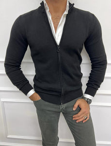 Leon Slim Fit Thin Zippered Black Cardigan Sweater