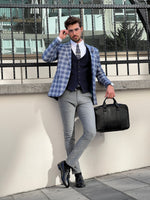 Load image into Gallery viewer, Bojoni Astoria Slim Fit Patterned Pointed Collared Light Navy Blue Plaid Suit
