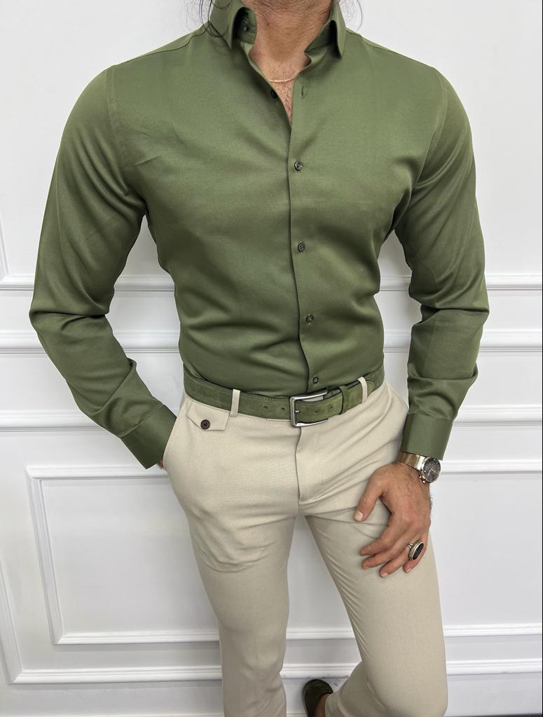 Khaki Pant Green Shirt Pista Green Color Lycra Twill Cotton Shirt