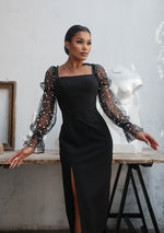 Load image into Gallery viewer, Bodycon Dress with Slit and Mesh Sleeves Black-baagr.myshopify.com-dress.-BOJONI
