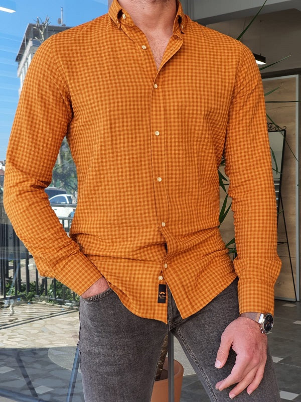 Bala Camel Slim Fit Long Sleeve Checkered Shirt | BOJONI