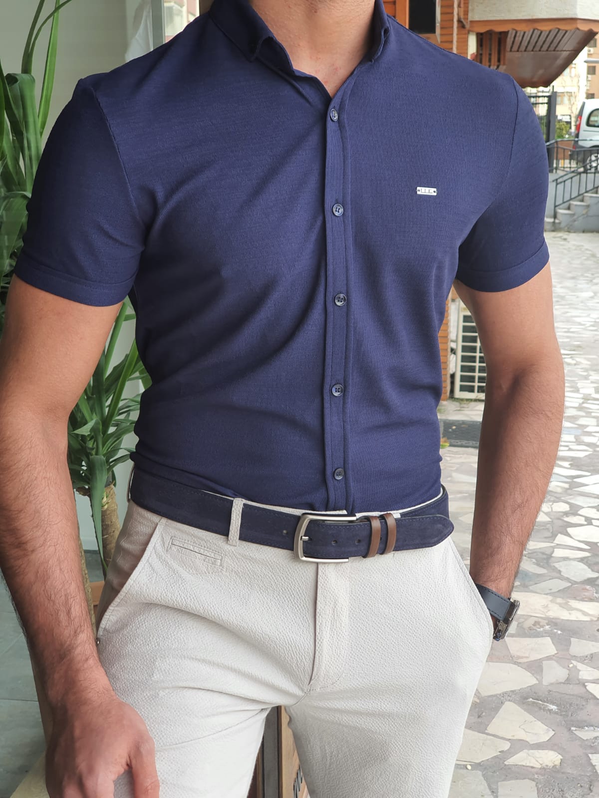 Bastoni Navy Blue Slim Fit Short Sleeve Shirt BOJONI