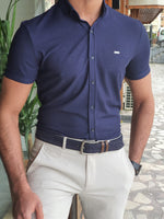 Load image into Gallery viewer, Bastoni Navy Blue Slim Fit Short Sleeve Shirt-baagr.myshopify.com-Shirt-BOJONI
