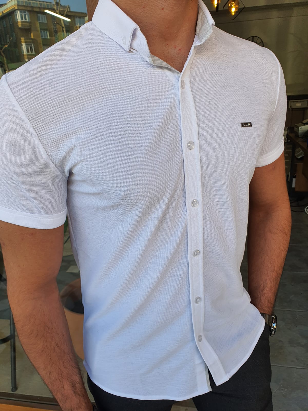 Bastoni White Slim Fit Short Sleeve Shirt-baagr.myshopify.com-Shirt-BOJONI