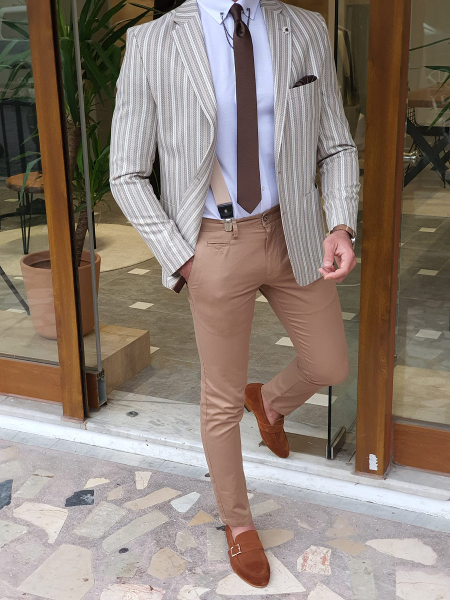 Larna White Slim Fit Striped Blazer | BOJONI