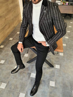 Load image into Gallery viewer, Paruri Black Slim Fit Striped Wool Long Coat-baagr.myshopify.com-Jacket-brabion
