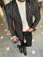 Load image into Gallery viewer, Paruri Black Slim Fit Striped Wool Long Coat-baagr.myshopify.com-Jacket-brabion
