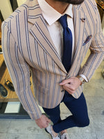 Load image into Gallery viewer, Richbaum Beige Slim Fit Striped Blazer-baagr.myshopify.com-blazers-BOJONI
