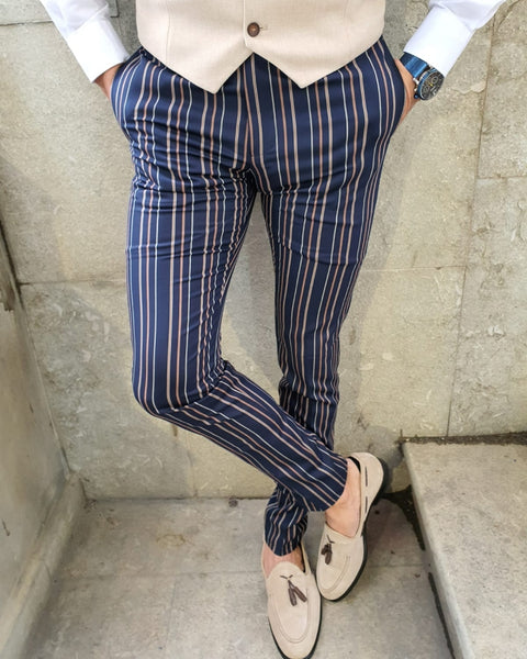Paco Dark Blue Slim Fit Chalk Stripe Pants | BOJONI