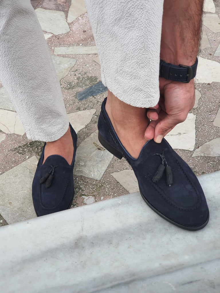 Monteri Navy Blue Suede Tassel Loafers | BOJONI