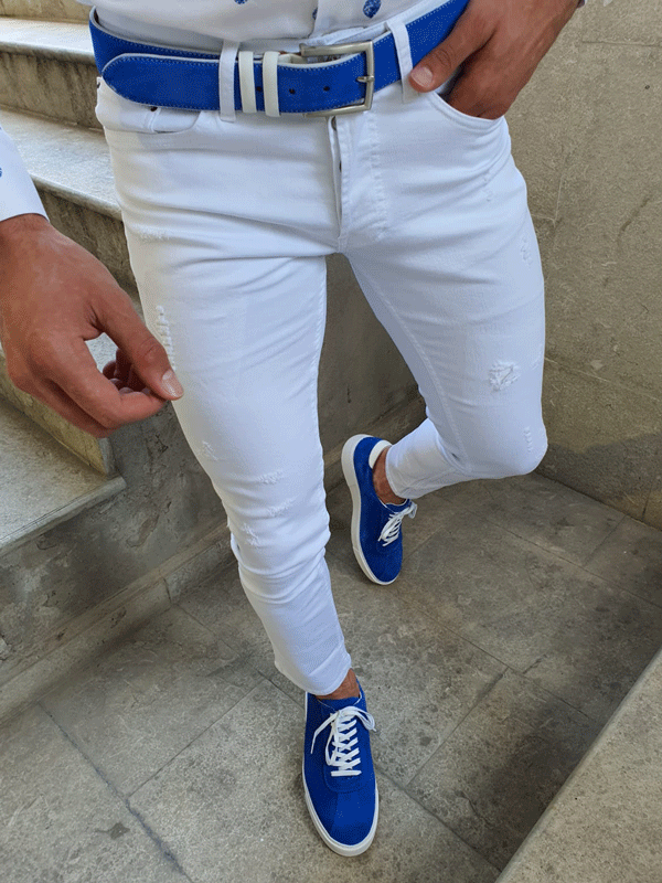 Bellingham White Slim Fit Handmade Ripped Jeans-baagr.myshopify.com-Pants-BOJONI