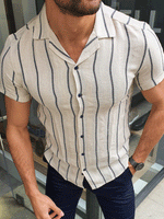 Load image into Gallery viewer, Beloit Navy Blue Slim Fit Striped Short Sleeve Shirt-baagr.myshopify.com-Shirt-BOJONI
