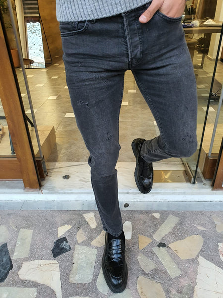Bastoni Gray Slim Fit Striped Jeans | BOJONI