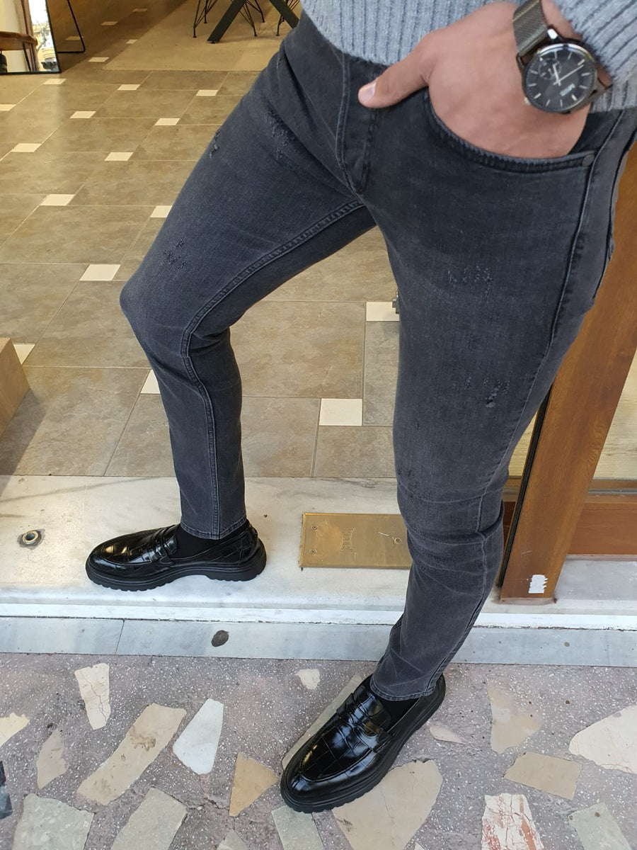 Bastoni Gray Slim Fit Striped Jeans | BOJONI