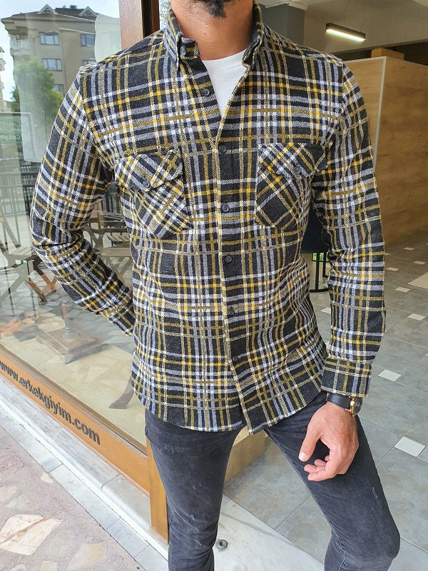 Bojo Yellow Slim Fit Long Sleeve Cotton Plaid Shirt-baagr.myshopify.com-Shirt-BOJONI