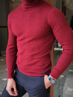 Load image into Gallery viewer, Elko Claret Red Slim Fit Striped Turtleneck Wool Sweater-baagr.myshopify.com-sweatshirts-BOJONI
