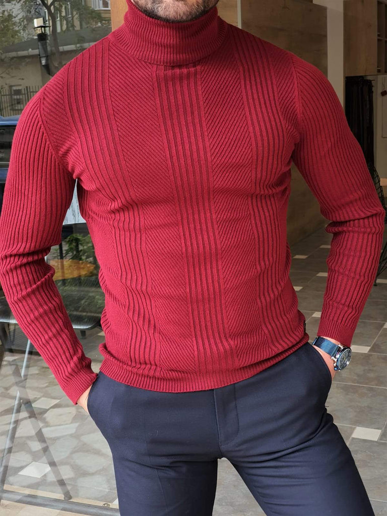 Elko Claret Red Slim Fit Striped Turtleneck Wool Sweater | BOJONI