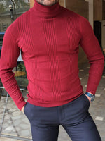 Load image into Gallery viewer, Elko Claret Red Slim Fit Striped Turtleneck Wool Sweater-baagr.myshopify.com-sweatshirts-BOJONI
