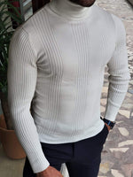 Load image into Gallery viewer, Elko White Slim Fit Striped Turtleneck Wool Sweater-baagr.myshopify.com-sweatshirts-BOJONI
