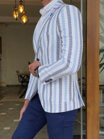 Load image into Gallery viewer, Larna Blue Slim Fit Striped Cotton Blazer-baagr.myshopify.com-blazers-BOJONI
