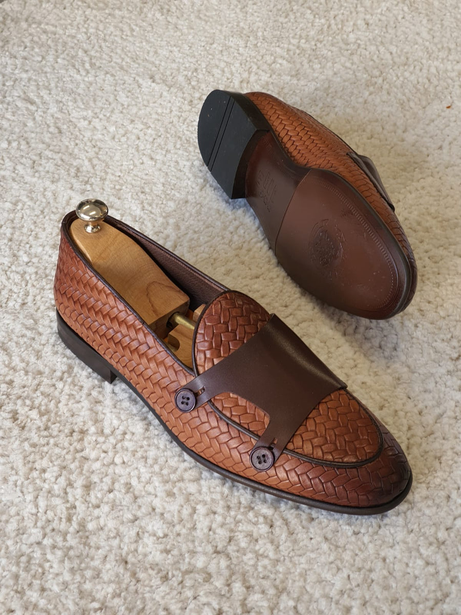 Monteri Tan Woven Leather Double Monk Strap Loafers | BOJONI