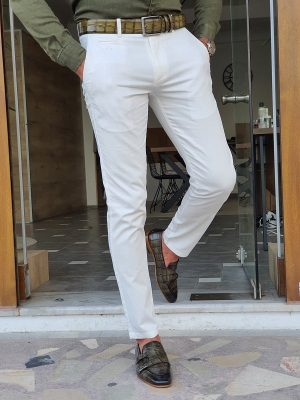 Bastoni White Slim Fit Cotton Pants | BOJONI