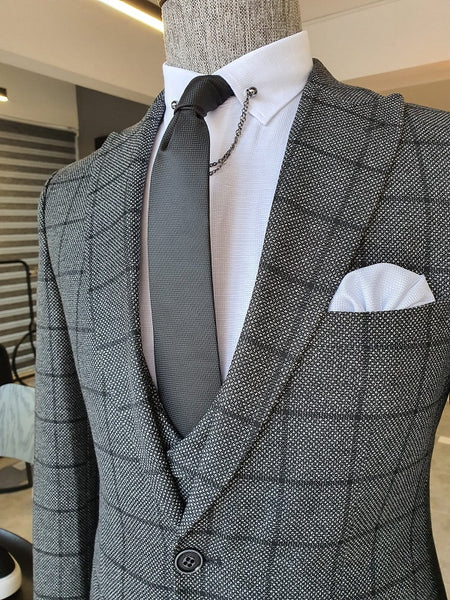 Elche Gray Slim Fit Peak Lapel Plaid Suit | BOJONI