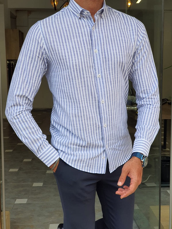 Major Blue Slim Fit Long Sleeve Striped Cotton Shirt-baagr.myshopify.com-Shirt-BOJONI