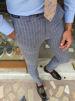 Load image into Gallery viewer, Frezo Navy Blue Beige Slim Fit Striped Pants-baagr.myshopify.com-Pants-BOJONI

