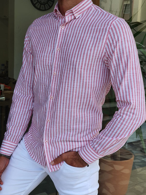 Major Red Slim Fit Long Sleeve Striped Cotton Shirt-baagr.myshopify.com-Shirt-BOJONI