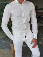 Load image into Gallery viewer, Capani White Brown Slim Fit Long Sleeve Striped Cotton Shirt-baagr.myshopify.com-Shirt-BOJONI
